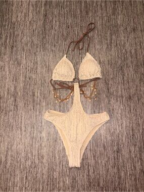 SHEIN Cream One-Piece Crochet Monokini with Brown Straps